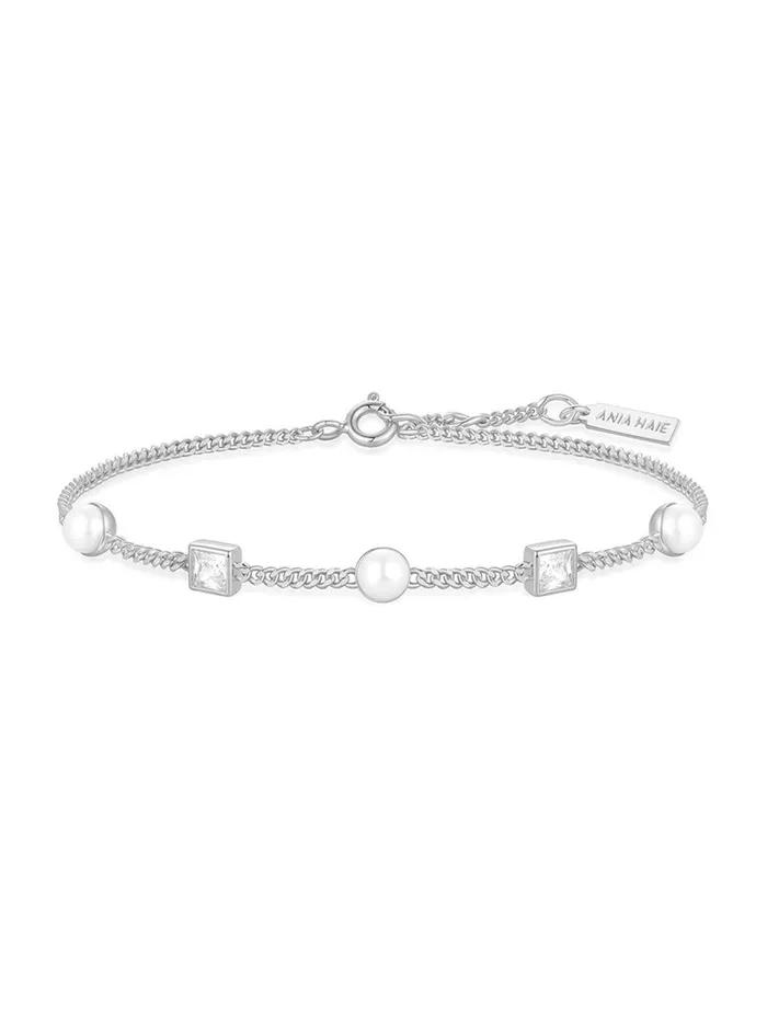 [Worn by Kiki Sui] Silver Cube and Pearl Bezel 925 Silver Bracelet B069-02H