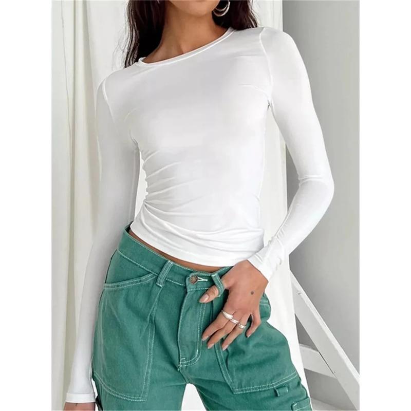 Autumn Women Slim Round Neck Cropped Tops Long Sleeve Show Navel Solid Temperament Color T-Shirt