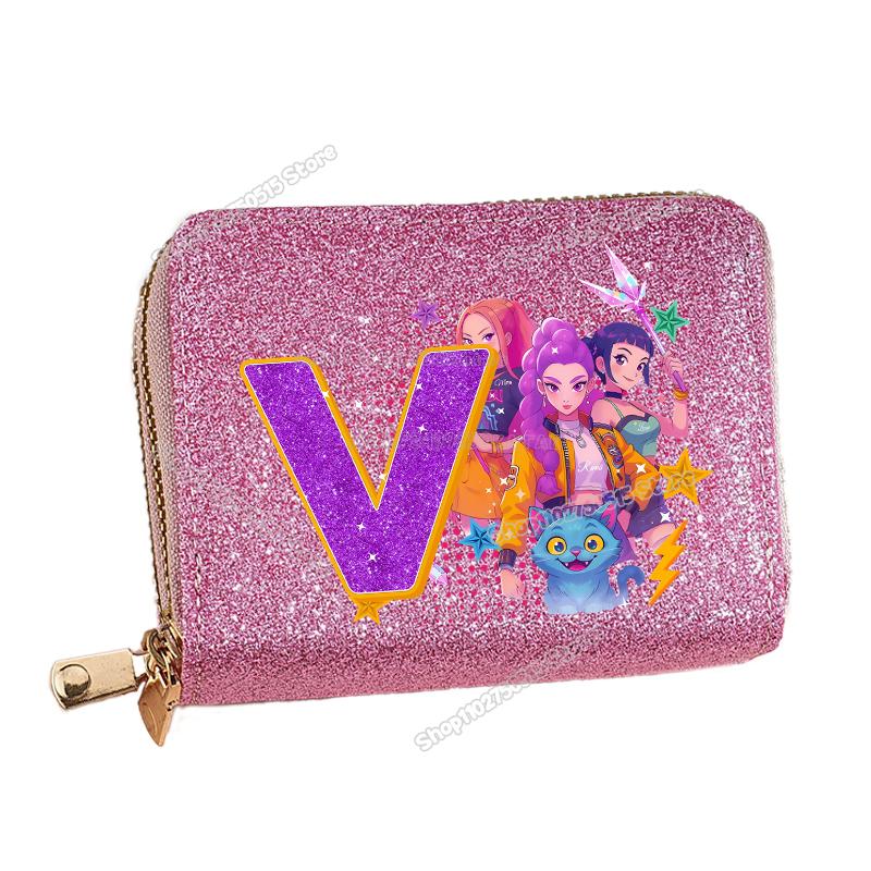 Korean Pop Demon Hunters Letter A-Z Women Short Wallet Bling Sequin Pu Leather Wallets Zipper Coin Purse ID Card Holder Girl Purse