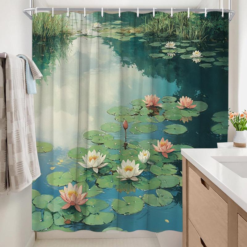 1pc White Pink for Lotus Pond Shower Curtain - Calm Floral Bathroom Decor,  Serene Lily Pad Design for Modern Bathrooms