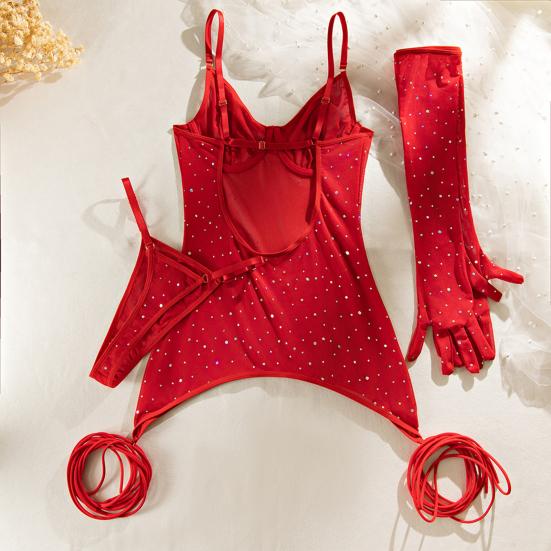 Sexy Mesh Mini Bodycon Dress for Women Sparkly Glitter Sequins Sheer See Through Cami Dress with Thong And Long Gloves