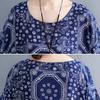 Vintage Women Cotton Linen Dress Print Spliced Striped O Neck Short Sleeve Pocket Loose Dress