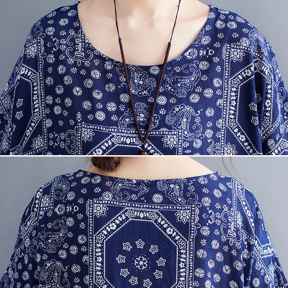 Vintage Women Cotton Linen Dress Print Spliced Striped O Neck Short Sleeve Pocket Loose Dress