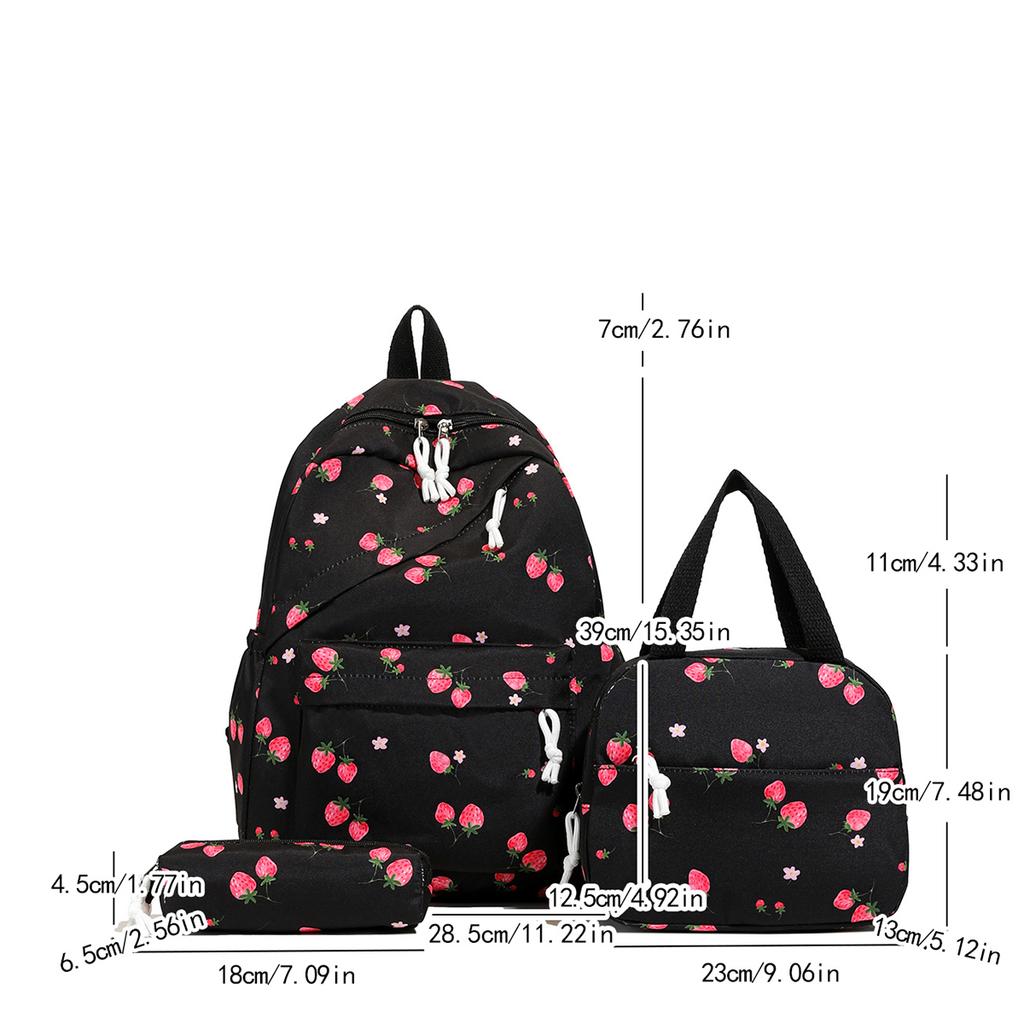 Cute Strawberry Pattern Backpack Set 3Pcs Handbag&pencil Case Reinforced Nylon Dual Zipper School Essentials Lightweight Commute