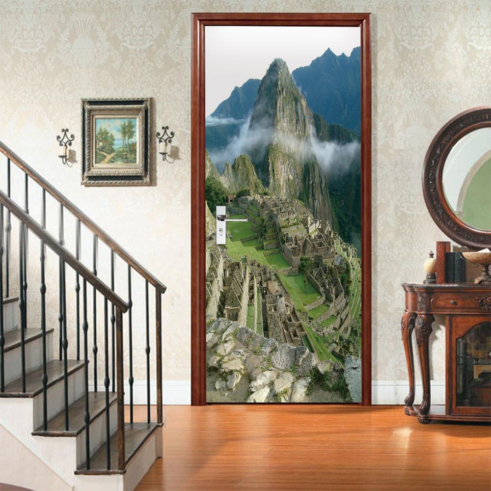 3D Door Mural Sticker Peel and Stick Door Wallpaper Golden Buddha Castle Moon Mermaid Flower Home Decor Removable