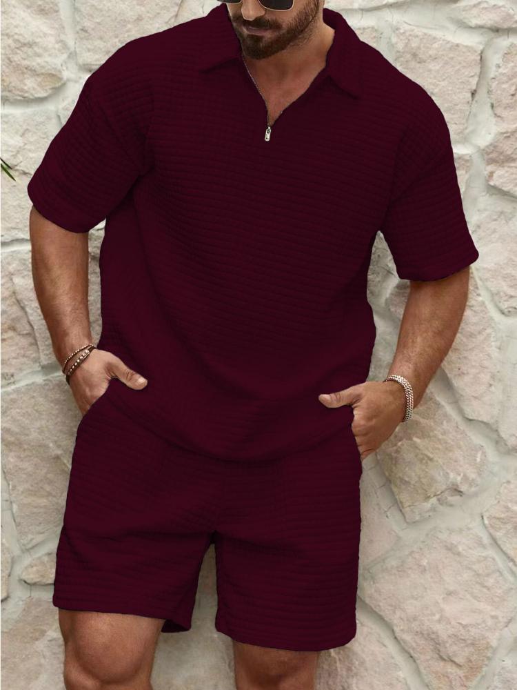 

Men s Casual Sporty Polo Shirt and Shorts Set, Zip-Up Plaid Design, Multiple Colors XXXL бордовий