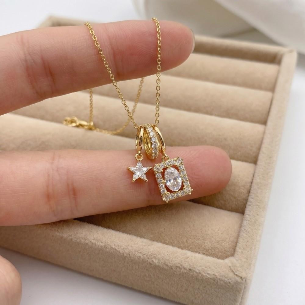 Charm Vintage Square Necklace Decoration Zircon Collarbone Chain Star Pendant Necklace  Daily