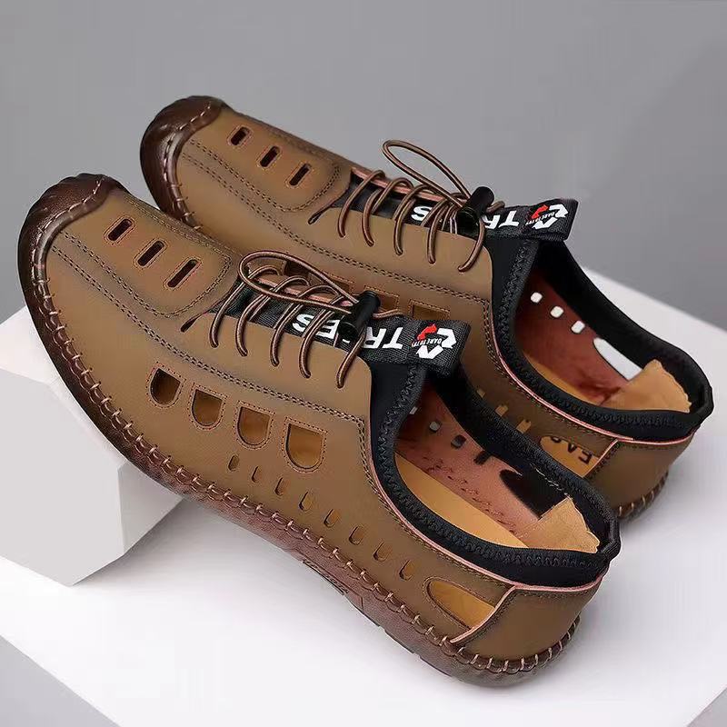 Men's Leather Casual Shoes Soft Sole Soft Surface Hollow Breathable Hole Shoes with One Foot Pedal Non-slip Wear-resistant Comfortable Leather Sandals