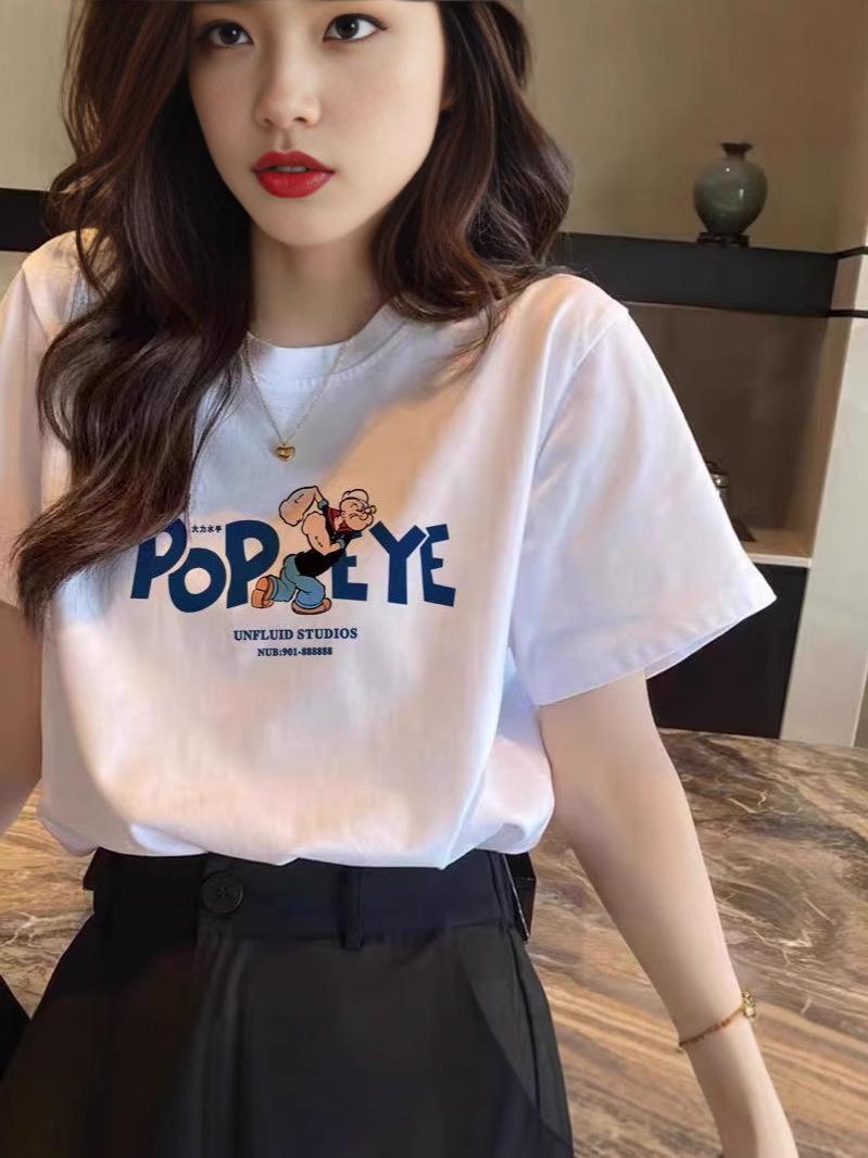 

New summer shoulder cotton short-sleeved t-shirt women s thin loose large size cartoon white thin half-sleeved top trendy 3XL білий