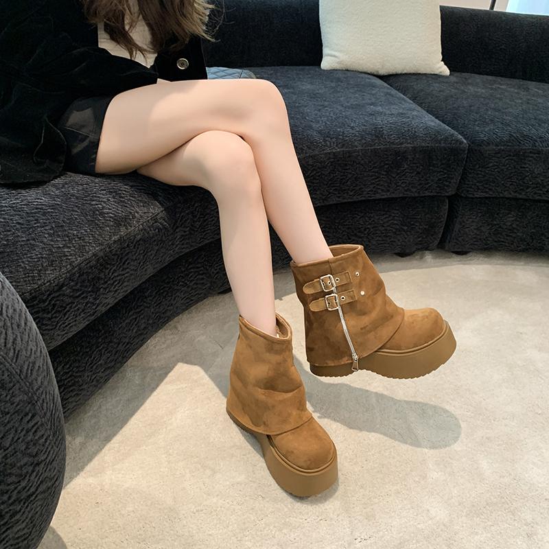 Fashion Women's Chunky Motorcycle Boots Autumn Suede Leather Hidden Heels Sneakers Winter Punk Boots 6.5cm Heels Platform Ankle Boots