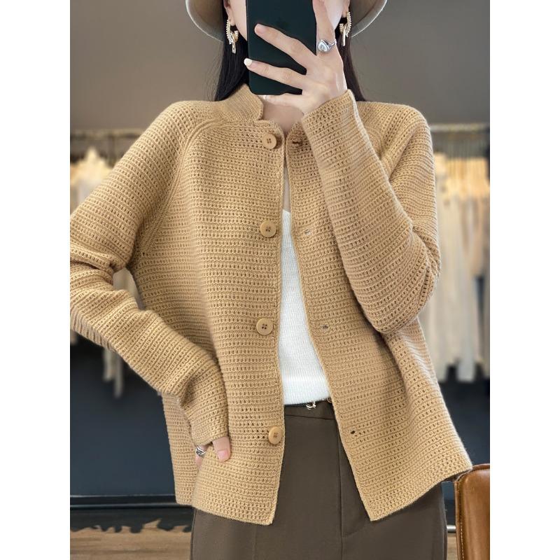 

Осень и зима новая мода стойка воротник вязаный кардиган женский свободный темперамент универсальный полый вязаный свитер верхняя одежда женская One Size верблюд