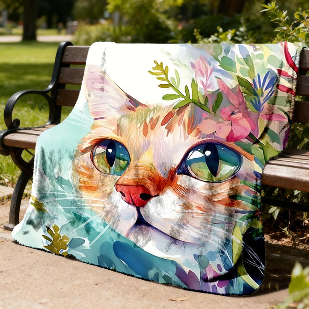 1pc Cat Floral Outdoor Blanket - Soft Flannel Cozy for Travel & Camping - All-Season Warm Bed Cover, Machine Washable Yy251229067