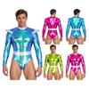 Men Halloween Alien Costume Metallic Bodysuit Color Block Mock Neck Long Sleeve Back Zip Leotard for Cosplay Stage Show
