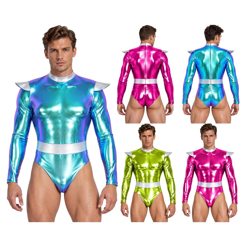 Men Halloween Alien Costume Metallic Bodysuit Color Block Mock Neck Long Sleeve Back Zip Leotard for Cosplay Stage Show