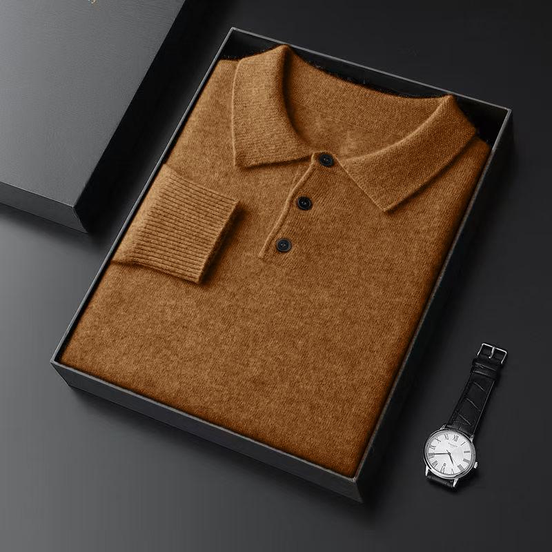 

Autumn Mens Knit Pullover Sweater Lapel Slim Fit Button Pullover Heavyweight Polo Sweaters Outdoor Winter Warm Solid Streetwear M коричневый