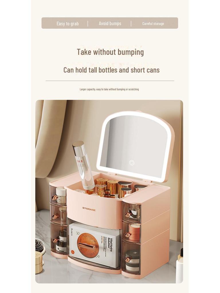 Beleuchtete 3-Farben Kosmetik-Aufbewahrungsbox mit Spiegel, Staubdichte Desktop-Schublade für Hautpflege