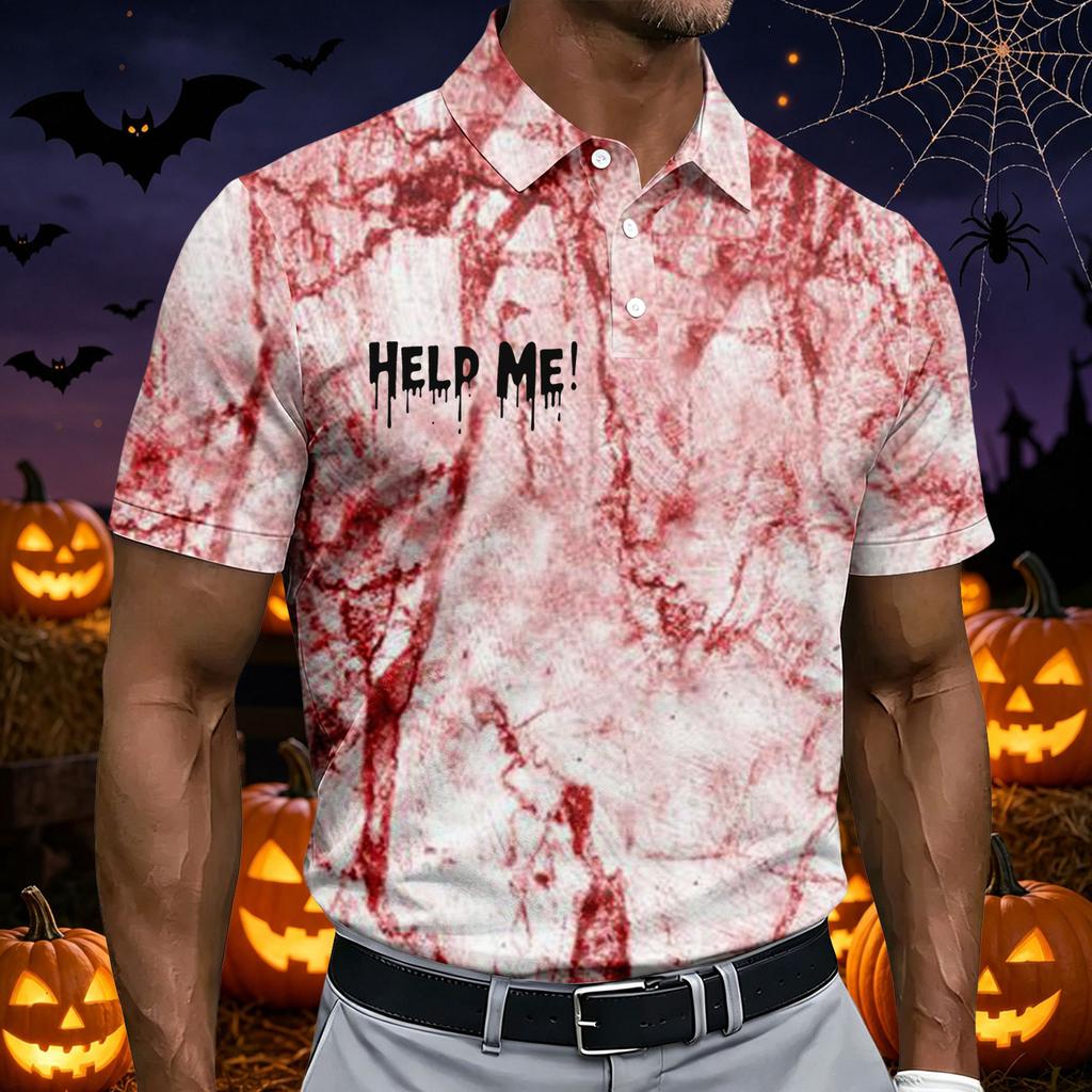 Men's Short Sleeve Halloween Themed Printed Polo Shirt with Handprint and Letter Pattern Casual Summer Top for Parties and Events