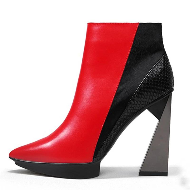 Fashion Brand Runway Style Mixed Color Banquet Cowhide Short Boots Sexy Pointed Waterproof Platform Irregular High Heels Ankle Boots 40
