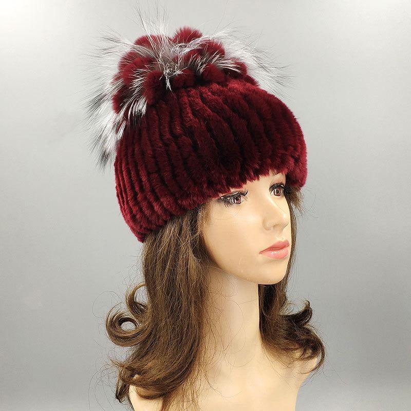 New Rex Rabbit Hair Hat Women's Winter Thickened Warm Fashion Versatile Elastic Fur Woven Hand-sewn Knitted Hat