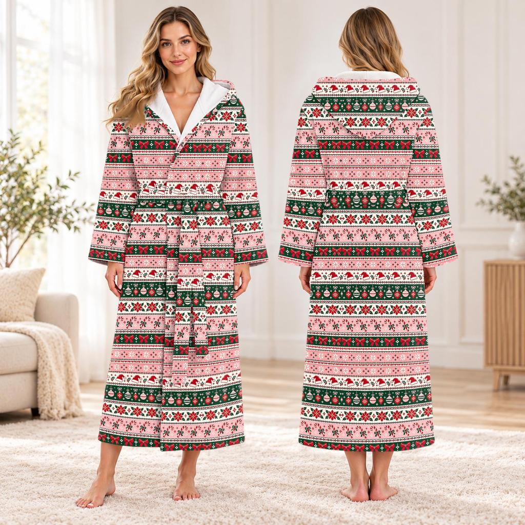Unisex Long Christmas Print Flannel Bathrobe, Absorbent Quick-Dry Sleep Robe for Men and Women