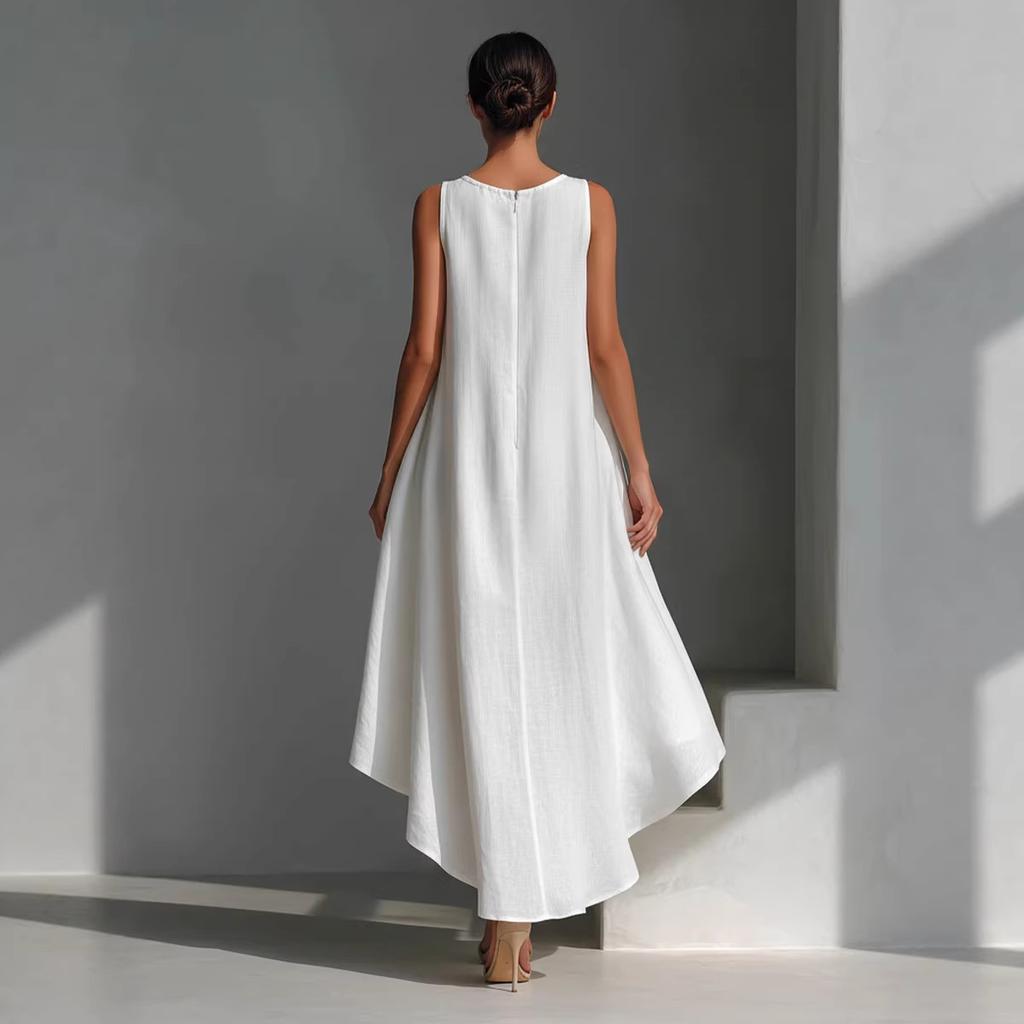 Rochie de vară casual pentru femei, cu gât rotund, fără mâneci, lungime asimetrică, croială lejeră, aspect de in