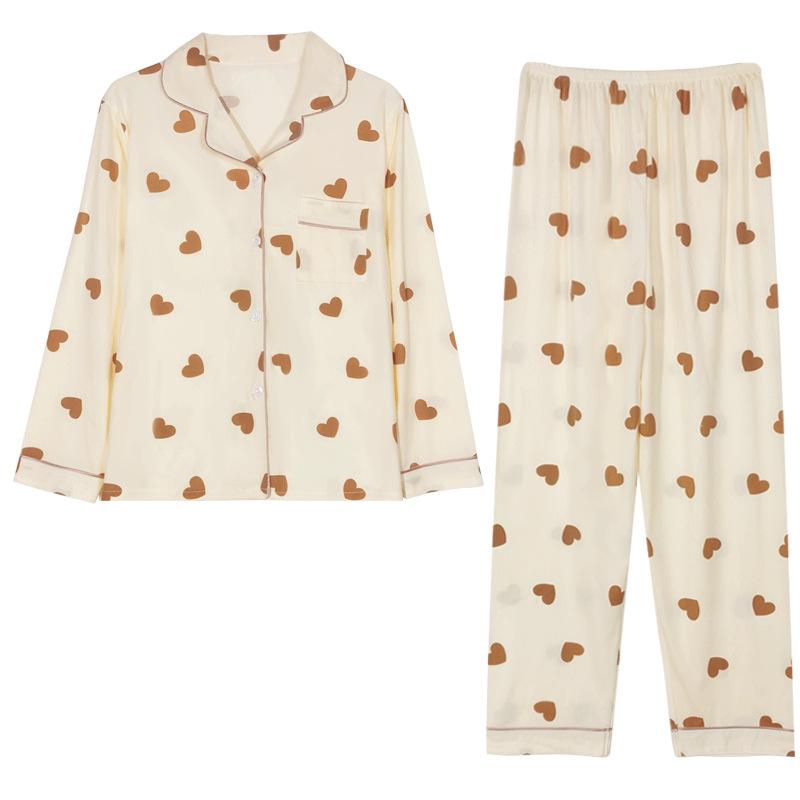 Pajamas women's spring and autumn imitation cotton high value fresh and sweet love women's long-sleeved trousers set loose loungewear