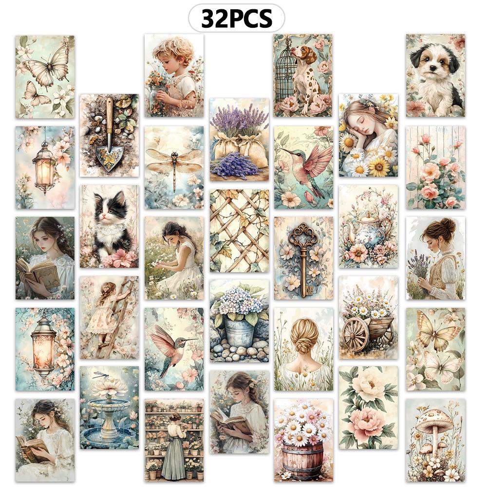 

32pcs, vintage healing floral postcards, room decor stickers, brochure materials, keepsakes, collectibles and mailing