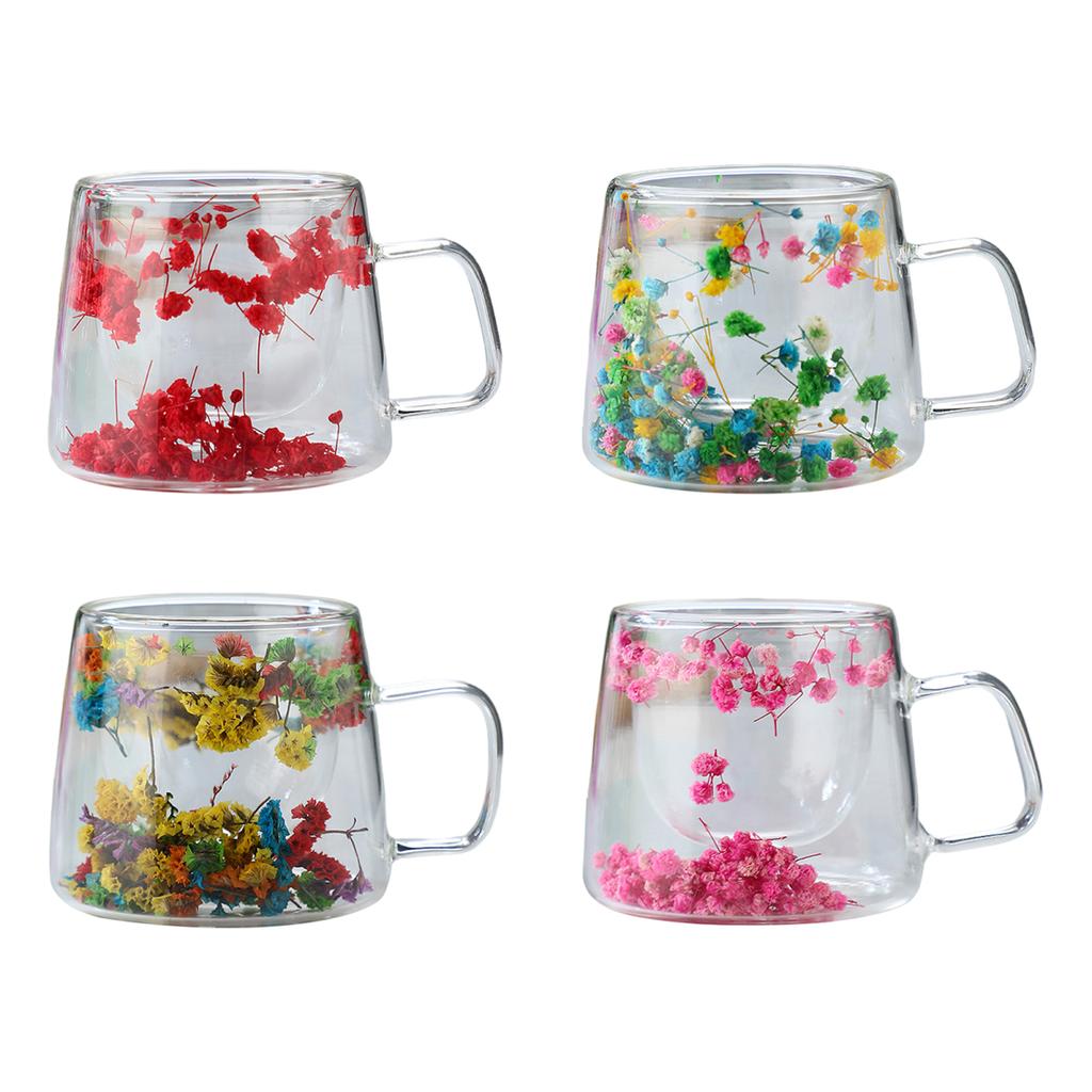 200ML Double Walled Glass Cups with Real Dried Flowers Heat Resistant Clear Coffee Mugs Floral Design Tea Cups for Elegant Sipping