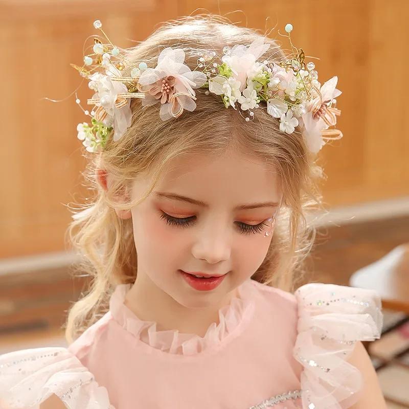 Summer Boho Children Girl Pearl Butterfly Headdress Flower Wreath Garland Head Hoop Headbands Hair Wedding Bride Jewelry Gifts