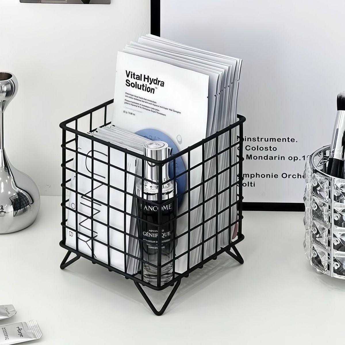 Wrought Iron Rectangular Storage Basket: Four-Legged Coffee Capsule Organizer and Makeup Supplies Rack