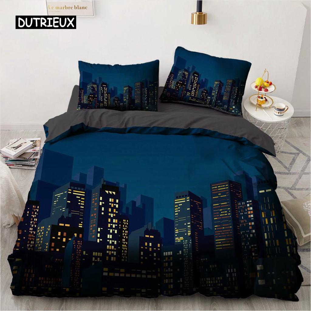Urban Night View Duvet Cover Set Brightly Lit Night Scene Bedding Set for Teens Adults Queen Size Soft Microfiber Quilt Cover