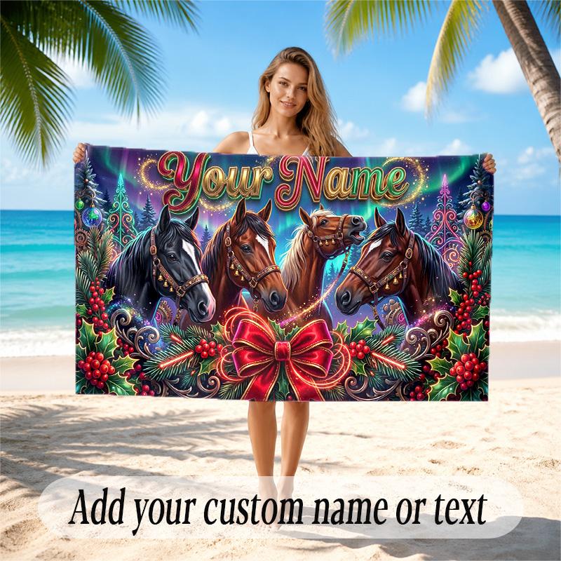 Christmas Theme Quick Dry Beach Towel Custom Name Text Print Large Sand Resistant Towel Beach Vacation