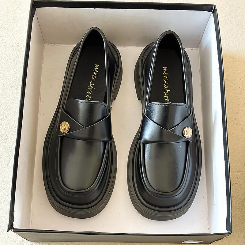 

Автентичні шкіряні лофери Жіноче взуття Весняний новий британський стиль Чорні маленькі шкіряні туфлі з товстим низом Туфлі Мері Джейн Туфлі човники 35