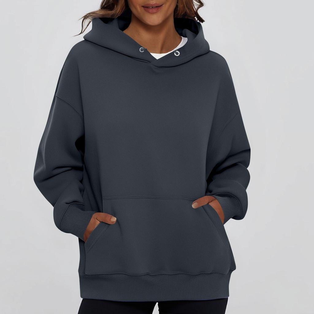 Ladies' Fashionable Solid Color Casual Hooded Pocket Long Sleeved Top