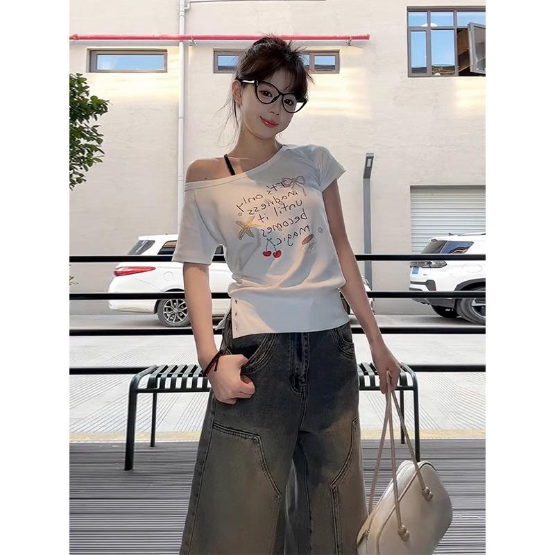 American retro slanted shoulder t-shirt women s summer letter printing pure cotton slim-fit off-the-shoulder short-sleeved versatile Spice Girl top S белый