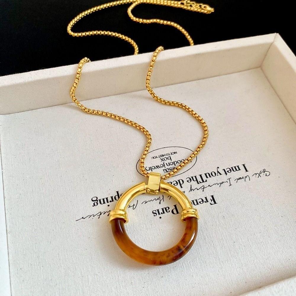 Splicing Amber Pendant Necklace Long Chain Minimalist Necklace Circle Pendant Necklace  Casual Wear