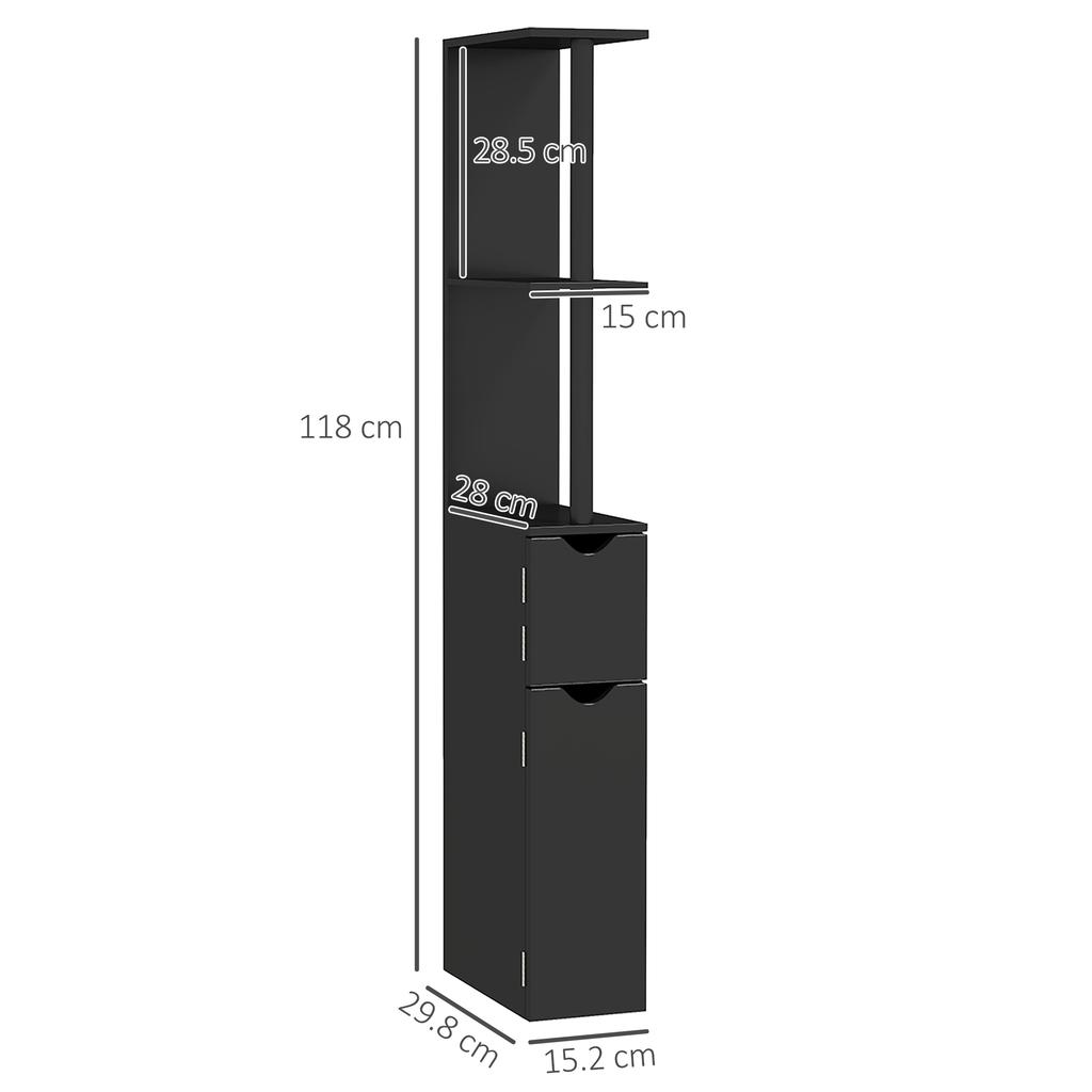 Bathroom Cabinet With 2 Shelves And 2 Cupboards Tall Space Saving Cabinet 15.2x29.8x118 Cm Black