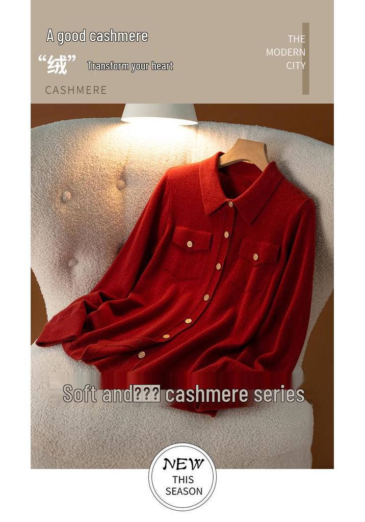 2025 Fall/Winter Women's Cashmere Polo Collar Tie-Up Cardigan with Long Sleeves