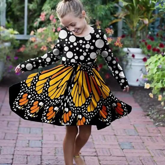 

Повседневное платье для девочек с принтом в виде бабочки в виде 3D-точек, круглым вырезом и длинными рукавами, детское платье принцессы 160 жёлтый