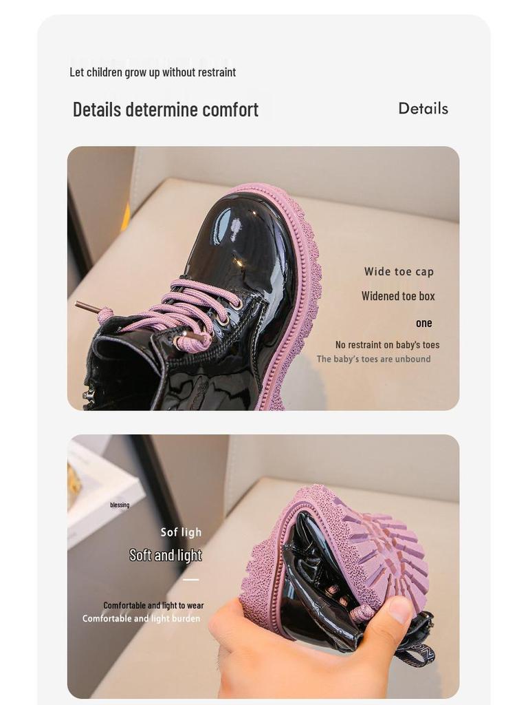 Girls' Patent Leather Ankle Boots - Autumn/Winter Plus Velvet, Zipper Design, Sequin Accents, Suitable for Middle To Big Kids and Babies