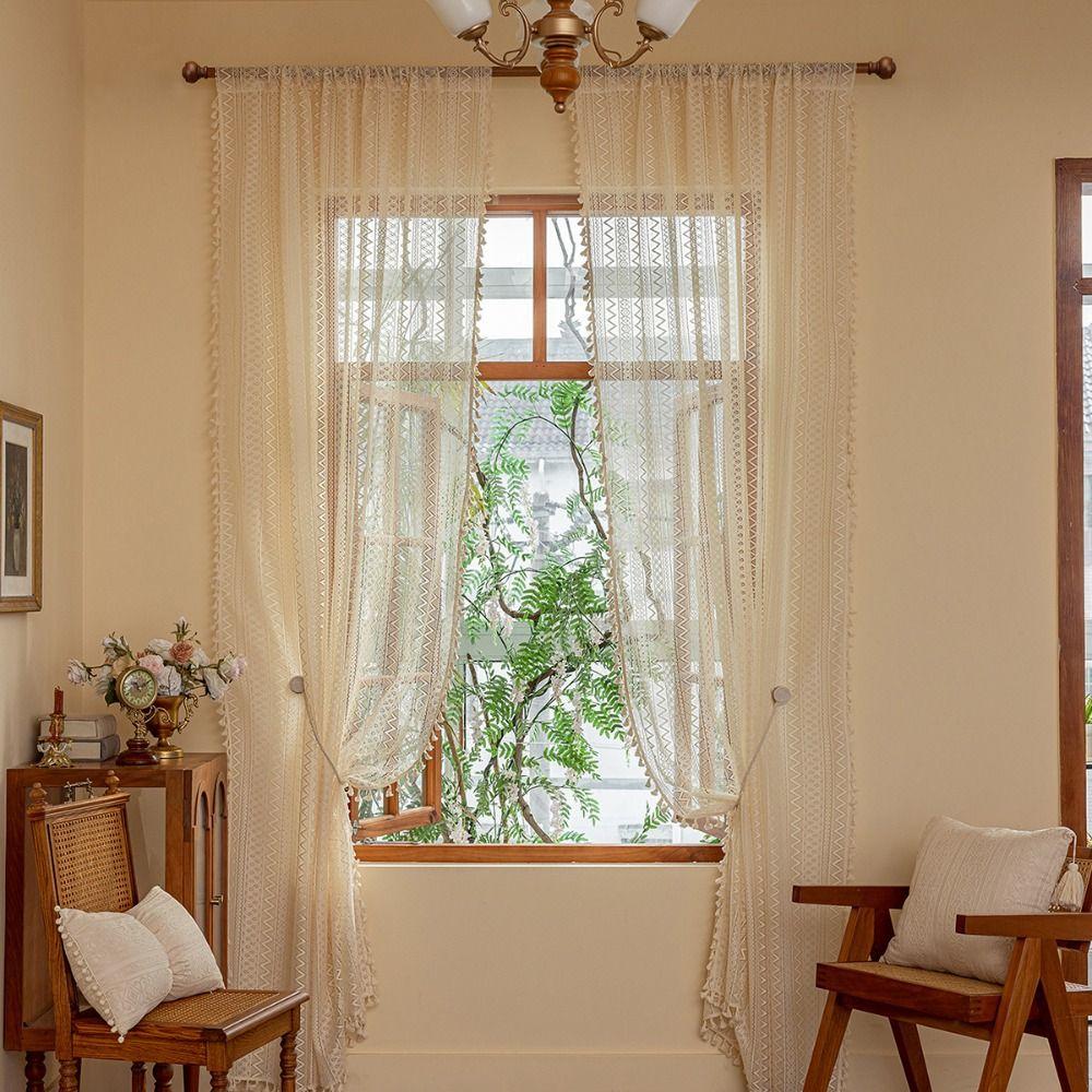 Boho Style Voile Tulle Curtains 140m Tassels Curtain Lace Window Screening Home Decor