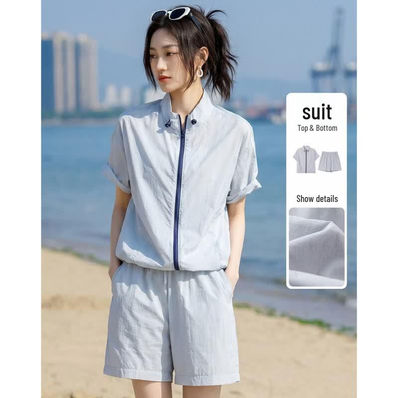 

Women s UPF50+ UV Protection Stand Collar Top & Shorts Set M