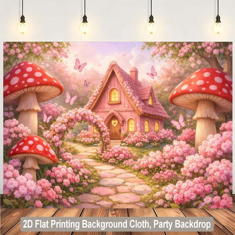 2D Magical Fairy Garden with Red Mushrooms & Butterflies Backdrop Photo Background