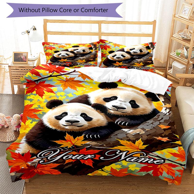 3PC Custom Name Autumn Panda Pair Bedding Set Duvet Cover Closure Includes 1 Duvet Cover & 2 Pillowcases for Bedroom