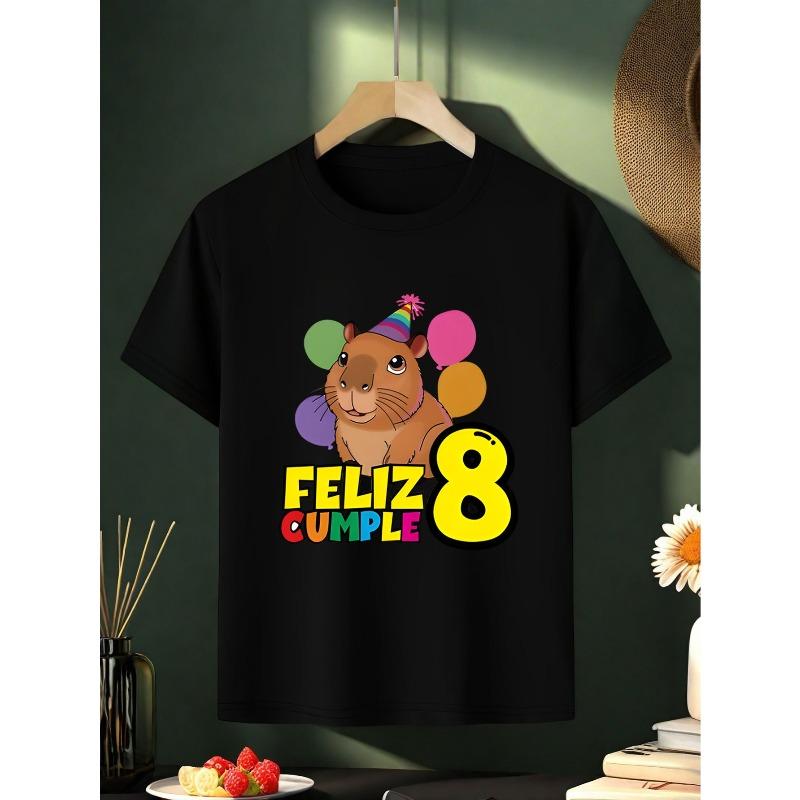 European sizes 8th Birthday Party Theme Cartoon Hamster Print Short Sleeve T-Shirt for Kids, Parent-Child Matching Gift
