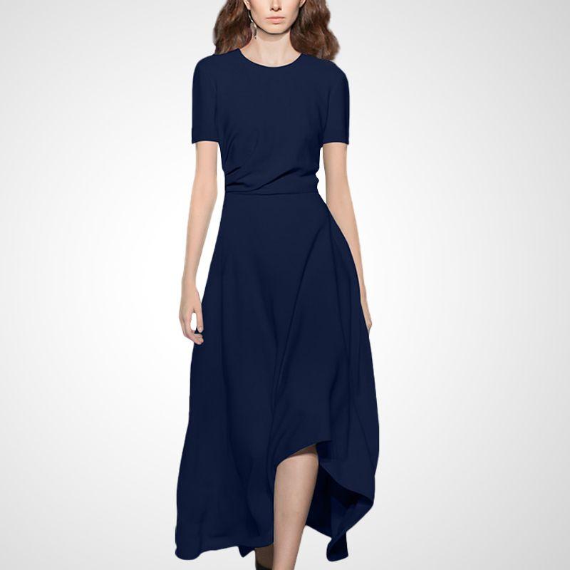 

Fashion Printed Large Hem Elegant Retro Short Sleeve Dress Navy blue- L