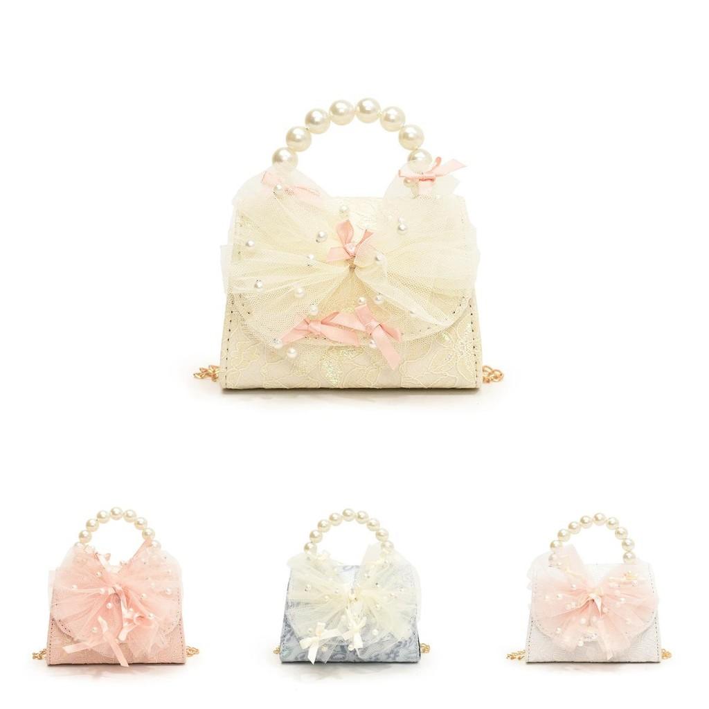 Modern Pink Blue And White Pu Children's Shoulder Bag With Chic Lace Bow Accent