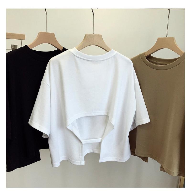Backless Short T-shirt for Women Sweet and Spicy Korean Style Summer New Round Neck Loose Short-sleeved Top