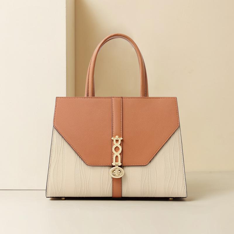 

Leather handbag, national style texture women s bag, large capacity, fashionable contrasting color, shoulder bag, casual temperament bag can 25.5*11*21cm