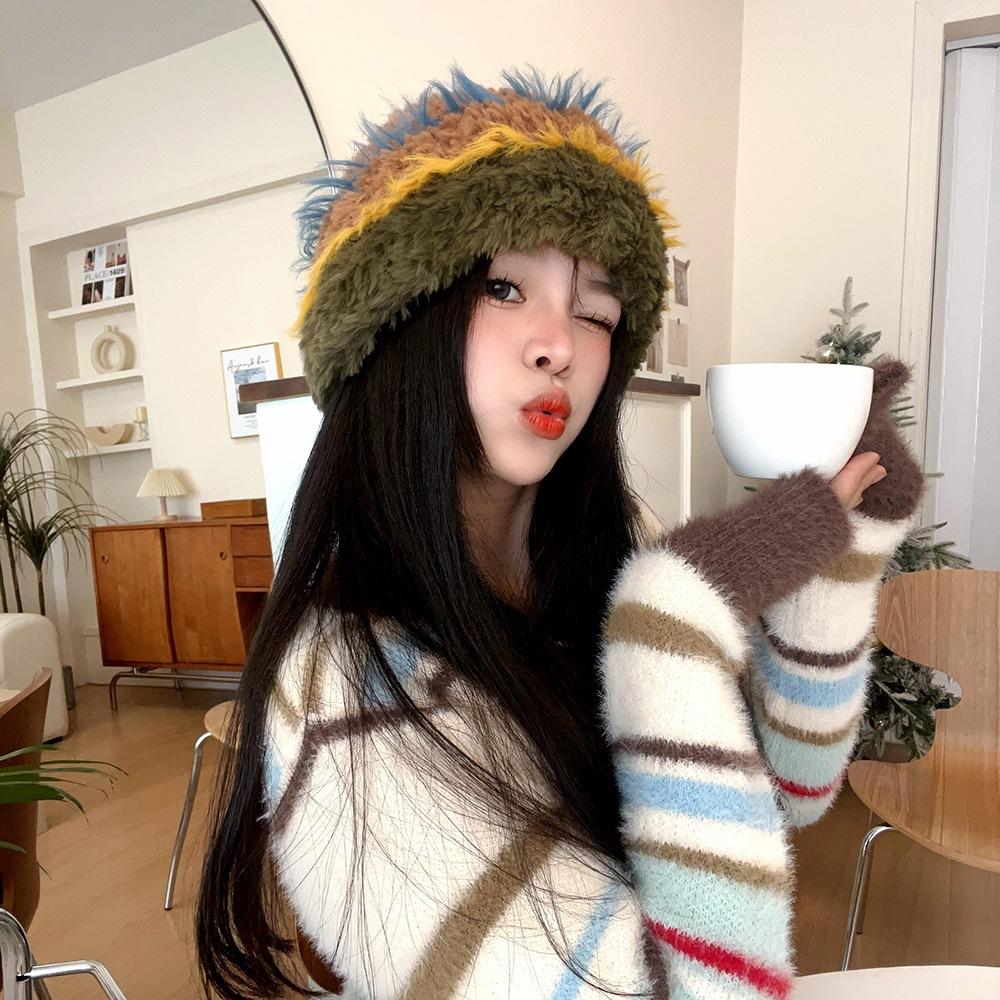 Color Striped Imitation Rabbit Hair Knitted Wool Hat Children's Autumn and Winter Splicing Thickened Warm Plush Ear Protector Crouch Hat